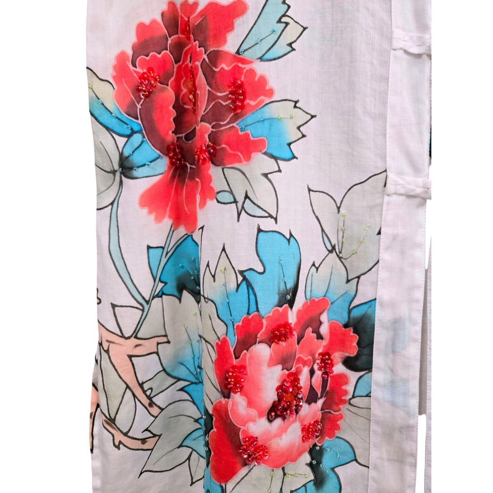 Citron Artsy Ramie Floral Butterfly Beaded Frog Button Kimono Tunic Women's M - Picture 5 of 9
